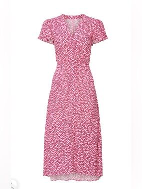 Diane Von Furstenberg Pink Printed V-Neck Ruched Midi Dress NWT Size XS